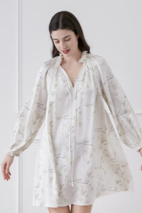 Elegant Princess Louise silk nightgowns with delicate floral design and lantern sleeves.