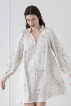 Elegant Princess Louise silk nightgowns with delicate floral design and lantern sleeves.