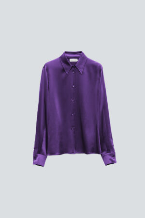Purple Vibrant Silk Shirt flat view, emphasizing the glossy fabric and tailored cut.