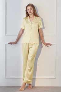 Full front view of lemon yellow MANITO Authentic Short Sleeve Pajama Set with contrast piping and classic collar.