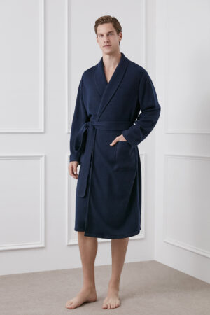 Side angle of MANITO Bomber Men's Knit Robe with collar details and layered wool-silk fabric.