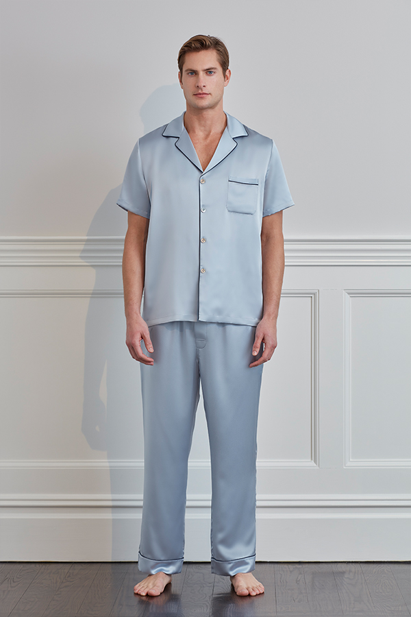 Sophisticated Men's Crystal Blue Silk Pajama Set with Piping Detail.