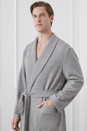 Side view of MANITO Bomber Men's Knit Robe in dark gray, showcasing smooth texture and tailored silhouette.