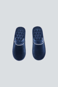 Top view of navy Authentic Men's Silk Lounge Shoes with lamb-leather resilience for durable indoor wear.