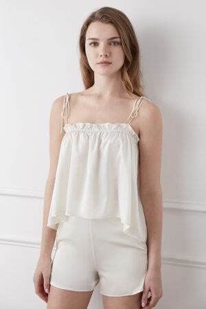 Front view of ivory silk Blooming Camisole & Shorts Set with gathered neckline and relaxed fit.