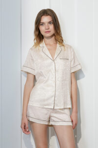 Front view of MANITO Jungle Tiger Print Short Pajama Set with button-down shirt and relaxed shorts.