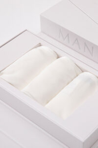 New Soft Women's Modal Silk Boyshorts Gift Box with three ivory briefs neatly folded.