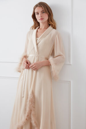 Close-up of Diva Feather Trimmed Long Robe, showing shawl collar and sleeve detail.