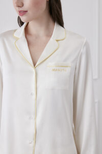 Elegant Macaron Silk Pajama Set with Contrast Piping Detail.