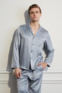 Close-up front view of silver MANITO Fragment Men's Pajama Set highlighting silk shine and tailored fit.