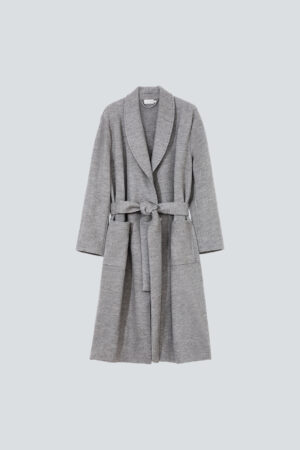 Front view of the Bomber Men's Wool-Silk Knit Robe in grey with belt and shawl collar.