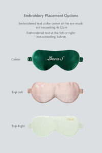 Assorted silk eye masks by Manito showing embroidery placement options: text in the center of green, text on top left of pink, and text on top right of mint, highlighting the flexible for customization.