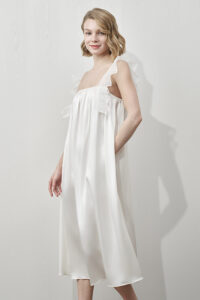 MANITO Angel Tank Silk Maxi Dress showing soft drape and dreamy lace trim from side angle.