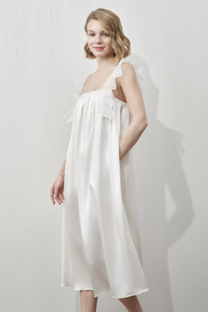 MANITO Angel Tank Silk Maxi Dress showing soft drape and dreamy lace trim from side angle.