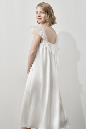 MANITO Angel Tank Silk Maxi Dress viewed from the back with delicate open-back lace straps.