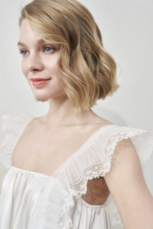 Close-up of MANITO Angel Tank Silk Maxi Dress highlighting pleated lace shoulder strap.