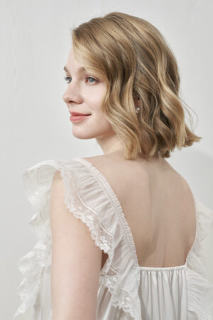 Side close-up of MANITO Angel Tank Silk Maxi Dress showing ruffled lace and soft fabric.