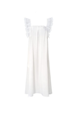 Product flatlay of MANITO Angel Tank Silk Maxi Dress with signature lace strap design.