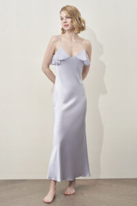 MANITO Aurora Silk Nightdress in lavender, front-facing full-body image showing soft shine and shoulder ruffle detail.