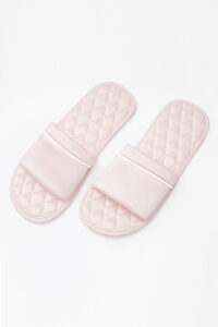 Blush pink MANITO Authentic Women's Silk Slippers with diamond-quilted sole and soft satin upper.