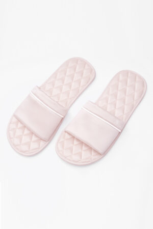 Blush pink MANITO Authentic Women's Silk Slippers with diamond-quilted sole and soft satin upper.