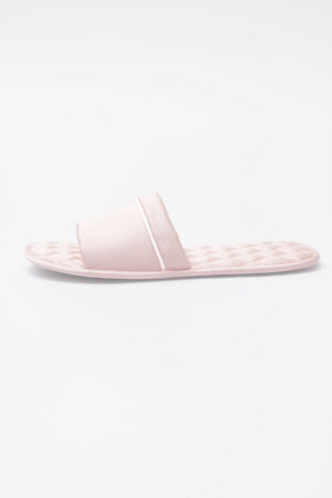 Side view of blush pink MANITO Authentic Women's Silk Slippers showing slim sole and satin finish.