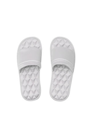 Top view of gray MANITO Authentic Women's Silk Slippers with elegant satin texture and quilted footbed.