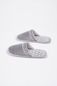 Pair of grey Authentic Men's Silk Lounge Shoes angled to reveal the slip-on opening and airy satin-silk interior.
