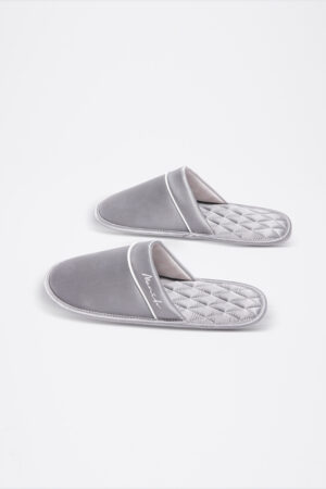 Pair of grey Authentic Men's Silk Lounge Shoes angled to reveal the slip-on opening and airy satin-silk interior.