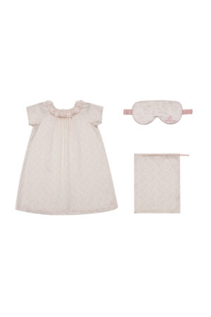 Flat lay of BONPOINT×MANITO Celestial Kid's Nightdress Gift Box including nightdress, silk eye mask, and matching pink pouch.