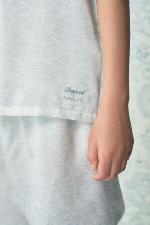 Detail of BONPOINT×MANITO Clive Kid's Pajama Set Gift Box showing logo embroidery.
