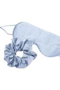 Bestie Gift Box with blue silk eye mask and matching scrunchy shown together.