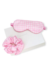 Blooming Gift Box featuring a pink gingham silk sleep mask and matching scrunchie on a MANITO gift box.