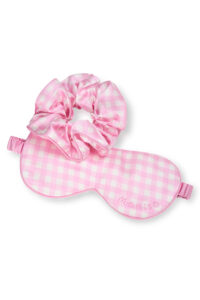 Pink gingham silk sleep mask with matching scrunchie from the Blooming Gift Box.