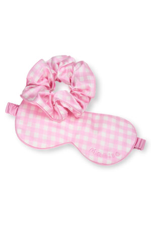 Pink gingham silk sleep mask with matching scrunchie from the Blooming Gift Box.
