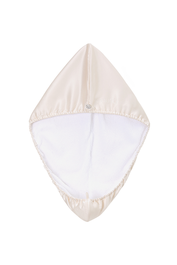 Blooming Silk Hair Turban with ballet-pink silk exterior and soft absorbent lining shown fully open.