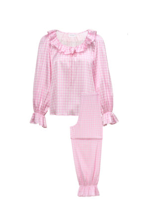Blooming Women's Pajama Set in pink laid flat, displaying the ruffled cuffs, neckline and airy silhouette.