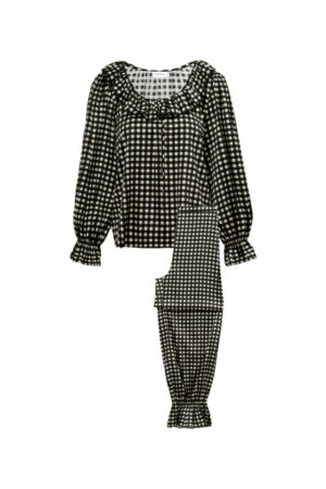 Blooming Women's Pajama Set in black laid flat, showing long-sleeve ruffled top and matching pants.