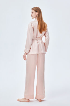Back view of MANITO Elite Women's Silk Robe Suit in pink, highlighting relaxed fit and smooth silk texture.
