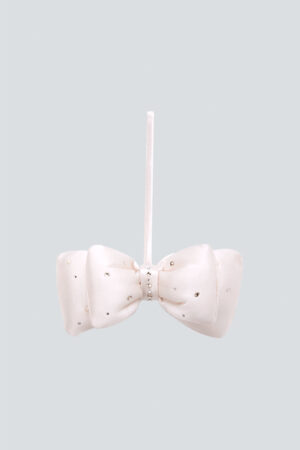 Hanging Yellow Calla Silk Scented Sachet bow on a pale blue backdrop.