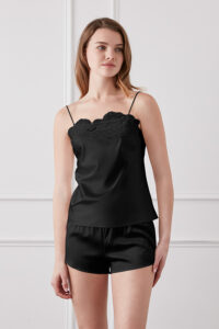 Black Camellia Women's Silk Camisole & Shorts Set featuring tone-on-tone embroidered camellia design.