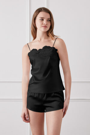 Black Camellia Women's Silk Camisole & Shorts Set featuring tone-on-tone embroidered camellia design.