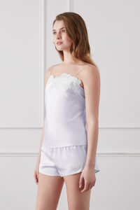 Camellia Women's Silk Camisole & Shorts Set in lavender with elegant floral detail on neckline and shorts.