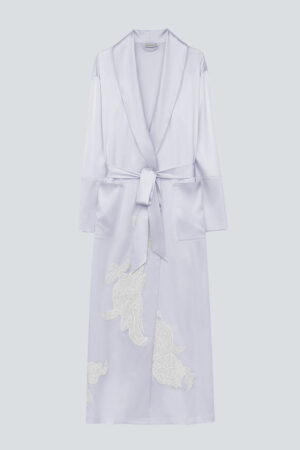 Light purple MANITO Camellia Silk Long Robe with delicate camellia embroidery and matching silk belt.