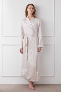 Front view of MANITO Camellia Silk Long Robe showing camellia embroidery patterns and casual tie belt.