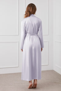 Back view of MANITO Camellia Silk Long Robe highlighting smooth silk texture and relaxed fit.