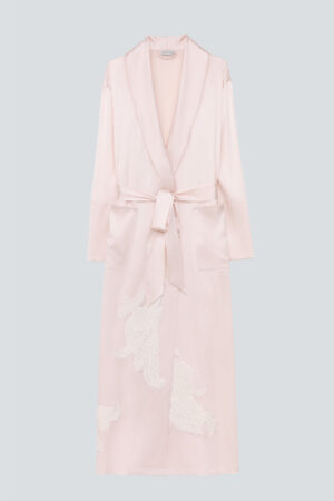 Pink MANITO Camellia Silk Long Robe featuring camellia embroidery, soft tie belt, and smooth silk texture.