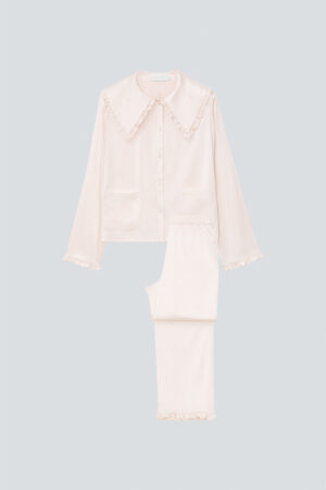 Display of MANITO pink Cloud cute silk women's pajama set with a ruffled collar.