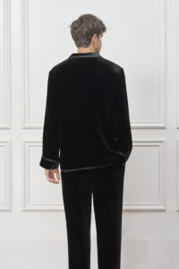Back view of man in Combo Velvet Pajama Set, showing smooth black velvet and a relaxed, comfortable fit.