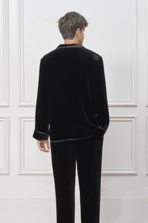 Back view of man in Combo Velvet Pajama Set, showing smooth black velvet and a relaxed, comfortable fit.